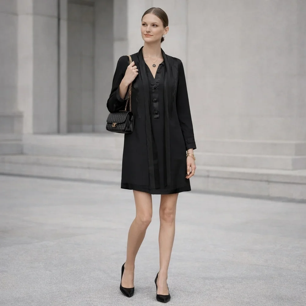 Thread Social Black Long Sleeve Silky Shift Button Front Mini Dress Size 4